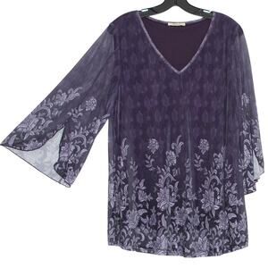 Top 3/4 Sleeve Floral Sheer Whimsigoth Witchy Fairy Festival Ethereal Purple XL